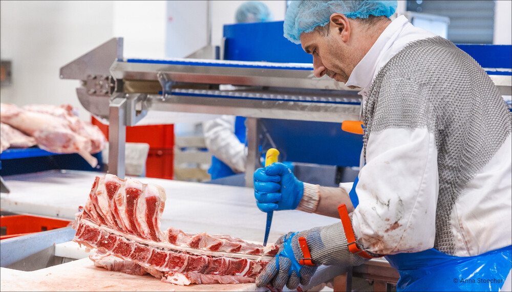 Metzger zerlegt Fleisch mit Messer | © Anna Stoecher