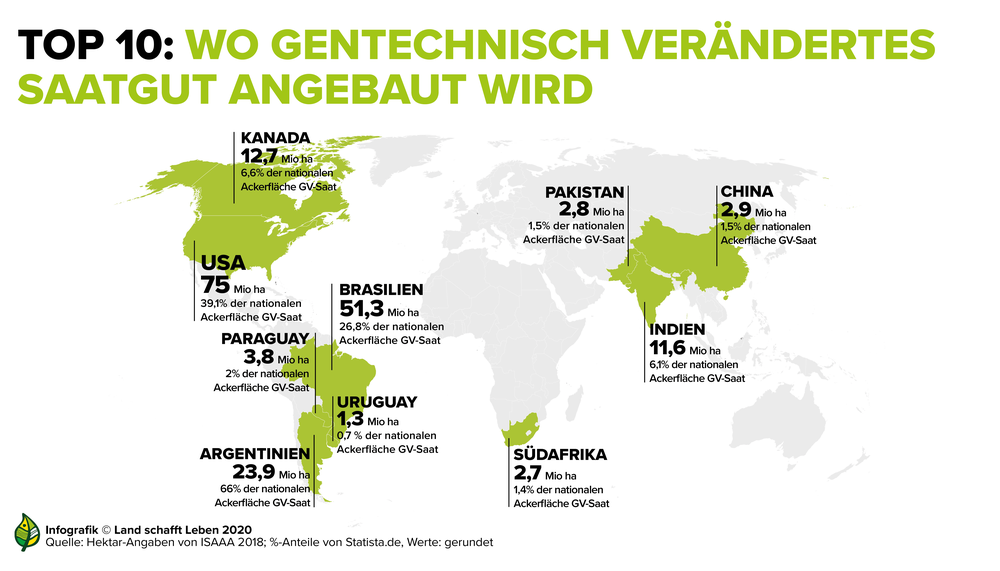 Infografik zu den zehn Ländern, in denen am meisten gentechnisch verändertes Saatgut angebaut wird | © Land schafft Leben