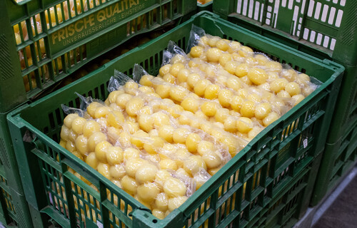 Geschälte Kartoffeln in Plastik in Kiste | © Land schafft Leben
