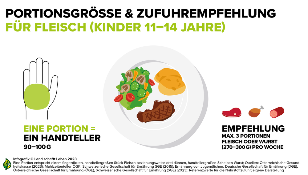 Infografik zur Portionsgröße und Zufuhrempfehlung für Kinder (11-14 Jahre) bezüglich Fleisch | © Land schafft Leben