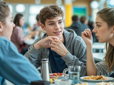 Schueler und Schuelerinnen essen in der Schule (KI-generiert)