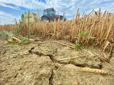 Traktor auf trockenem Getreidefeld | © Land schafft Leben